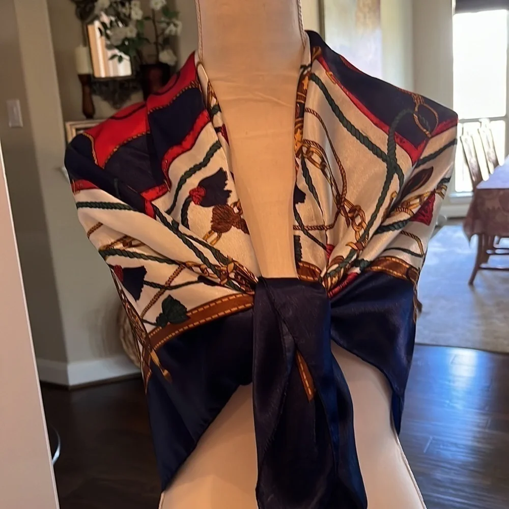 Scarf Green Navy Blue Red Gold Vintage 36” x 36” Soft Luxury Colors